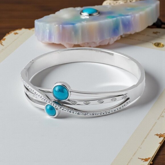 🆕️18K Gold Plated Turquoise & Zirconia Bangle Bracelet | Dainty Elegant & Chic✨ - Picture 12 of 16